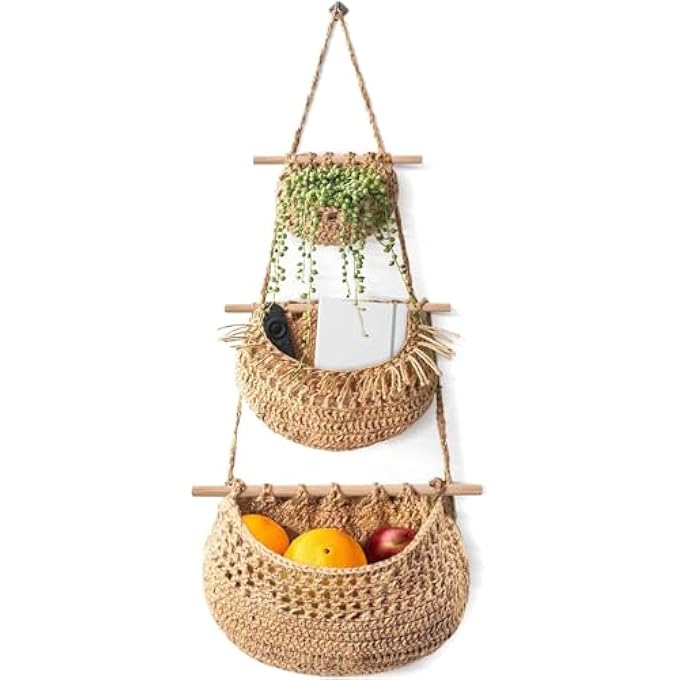 BIGTHREE 3-TIER JUTE & COTTON ROPE WALL HANGING BASKET, BOHO STORAGE ORGANIZER WITH 2 HOOKS, FOR FRUITS, VEGETABLES & HOME DECOR IN KITCHEN, BATHROOM, BEDROOM & LIVING ROOM - Image 1